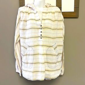 FREE PEOPLE-Rolling Clouds 100% Cotton Hoodie Pocketed White Stripe Blouse-Small